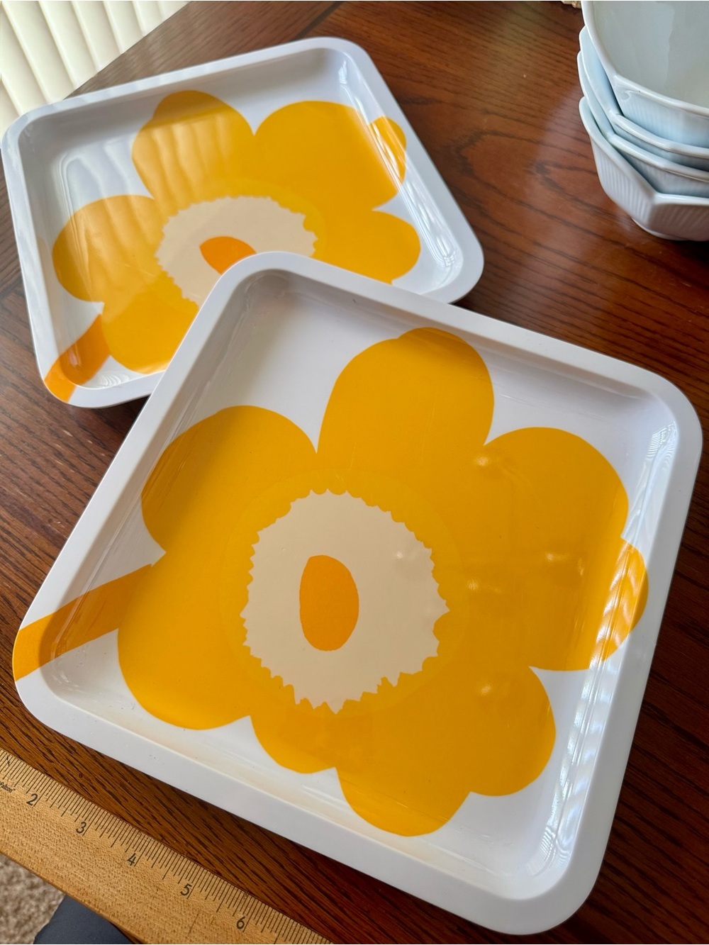2X Zak! MARIMEKKO Poppy Unikko Melamine 10” Square Dinner Plates Trays Yellow